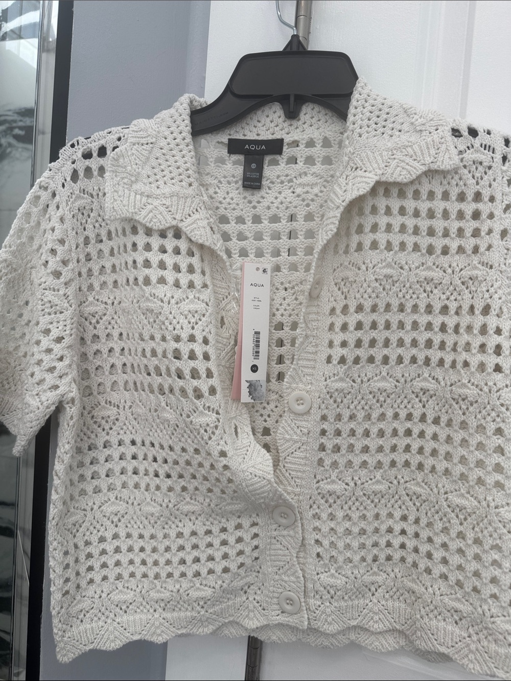Aqua Ivory Open Crochet Button-Front Shirt